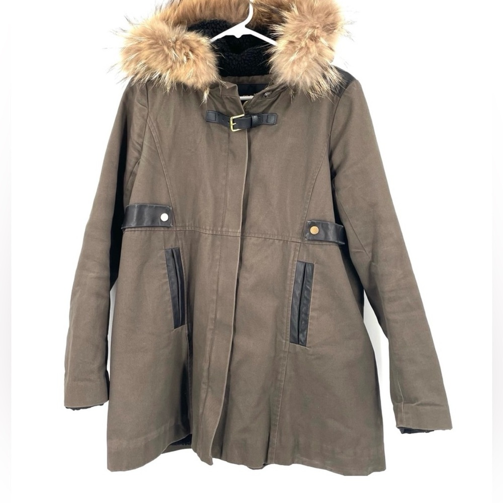 MAJE Zip Up Sherpa Lined Buckle Hooded Coat Raccoon Fur Trim Parka